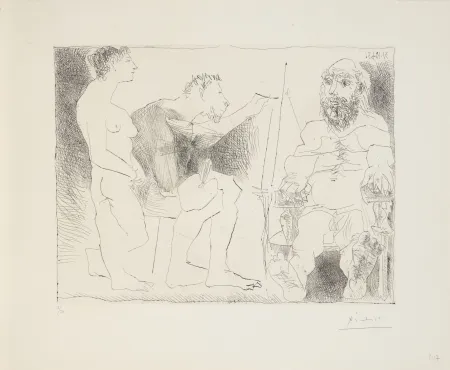 彫版 Picasso - Pablo Picasso (1881–1973)- Peintre au travail – Etching on BFK Rives paper- 1963
