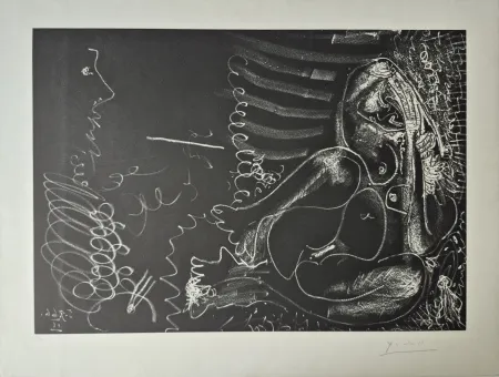 エッチングと　アクチアント Picasso - Peintre en demi-figure et modèle assis en tailleur