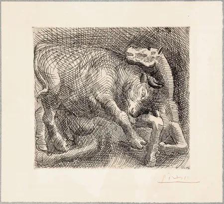 エッチング Picasso - TAUREAU ATTAQUANT UN CHEVAL. Eau-forte originale signée en rouge (1921)