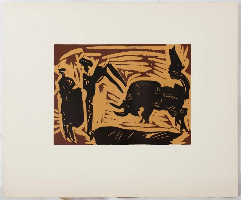 リノリウム彫版 Picasso - Taureau chargeant (les banderilles)