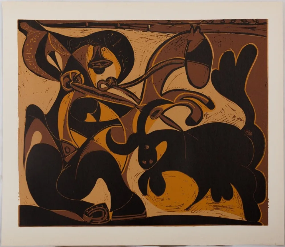リノリウム彫版 Picasso - Taureau chargeant un picador (La pique)