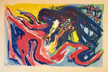 リトグラフ Pignon - Grand combat de coqs