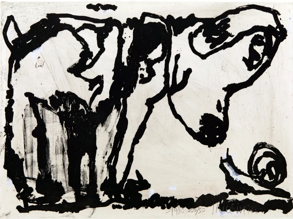 アクチアント Pincemin - Le chien et l’escargot. Épreuve rehaussée à la gouache (1990)