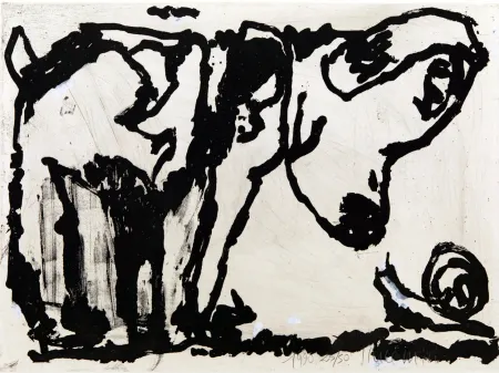 アクチアント Pincemin - Le chien et l’escargot. Épreuve rehaussée à la gouache (1990)