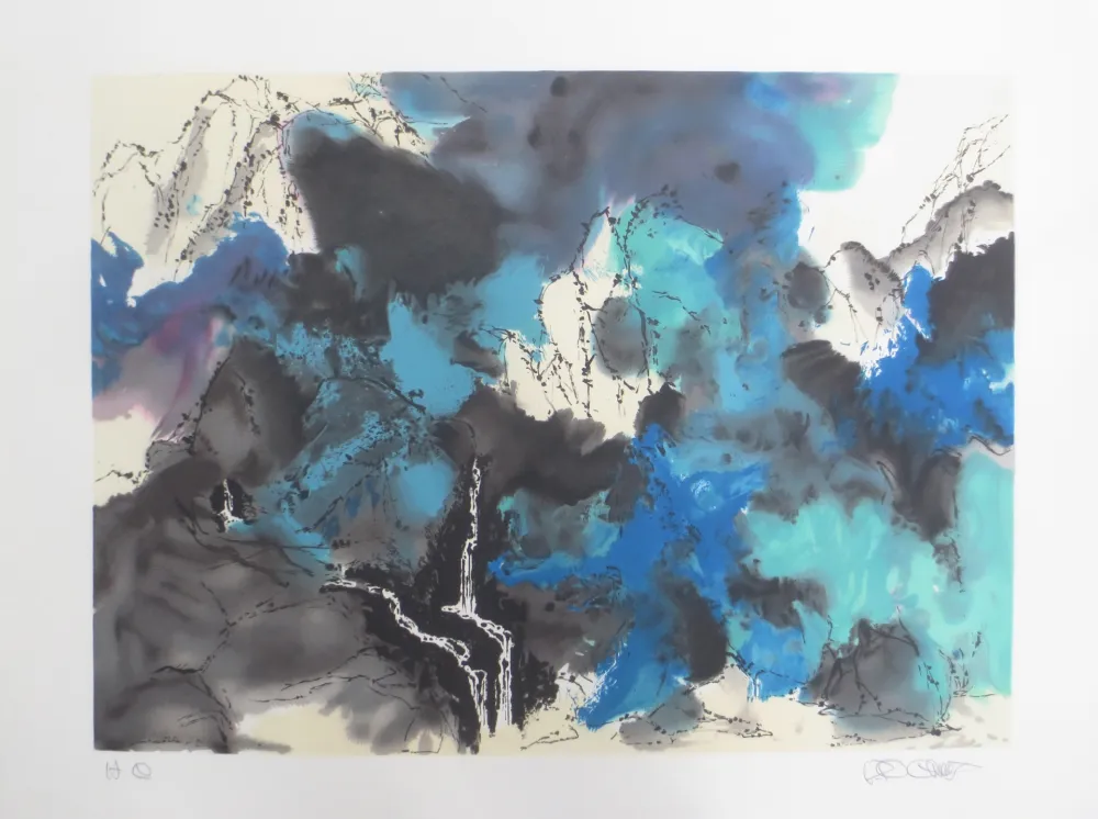 リトグラフ Po Chung - Mountain and stream in mist