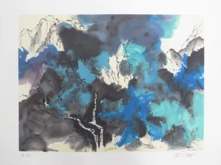 リトグラフ Po Chung - Mountain and stream in mist