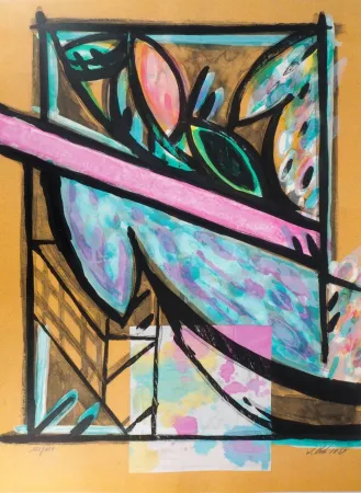 リトグラフ Poli - Perruches à la fenêtre