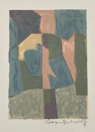 リトグラフ Poliakoff - Composition bleue, rose et grise L30 
