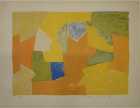 リトグラフ Poliakoff - Composition jaune, orange et verte / Komposition Gelb, Orange und Grün. 