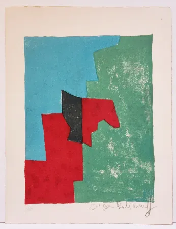 リトグラフ Poliakoff - Composition rouge, verte et bleue L32 