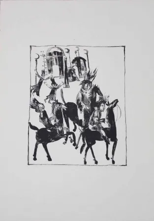 リトグラフ Pyroth - Adschîb, Gharîb und Kâsim machen sich auf den Weg