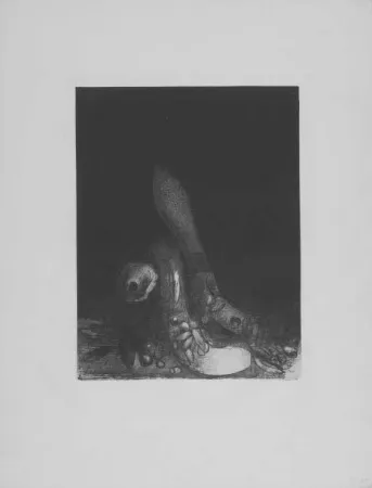 リトグラフ Redon - Des fleurs tombent, e la tete d'un phyton parait