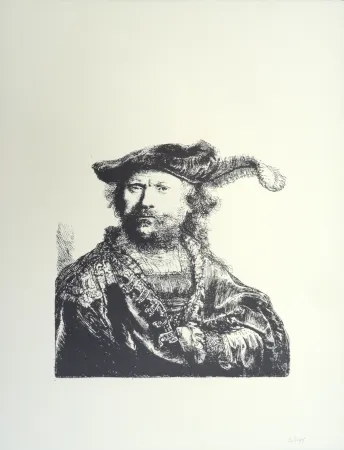 リトグラフ Rembrandt - Autoportrait au béret et à la plume