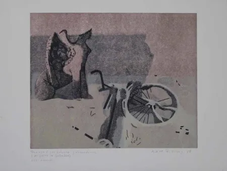 リノリウム彫版 Rössing - Fahrrad im Schnee (Der Sphinx im Belvedere)