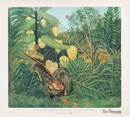 リトグラフ Rousseau - Tigre atacando a un búfalo