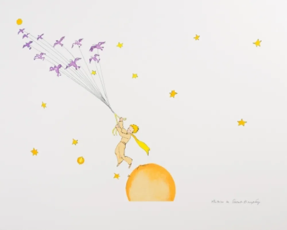 リトグラフ Saint-Exupéry - Le Petit Prince en route vers une autre planète