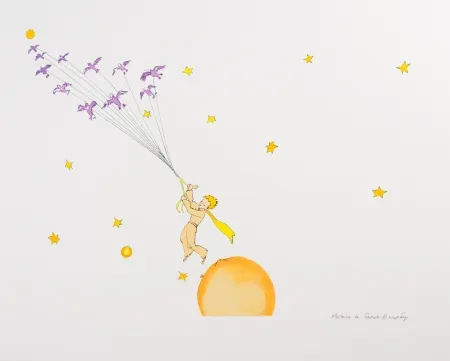 リトグラフ Saint-Exupéry - Le Petit Prince en route vers une autre planète