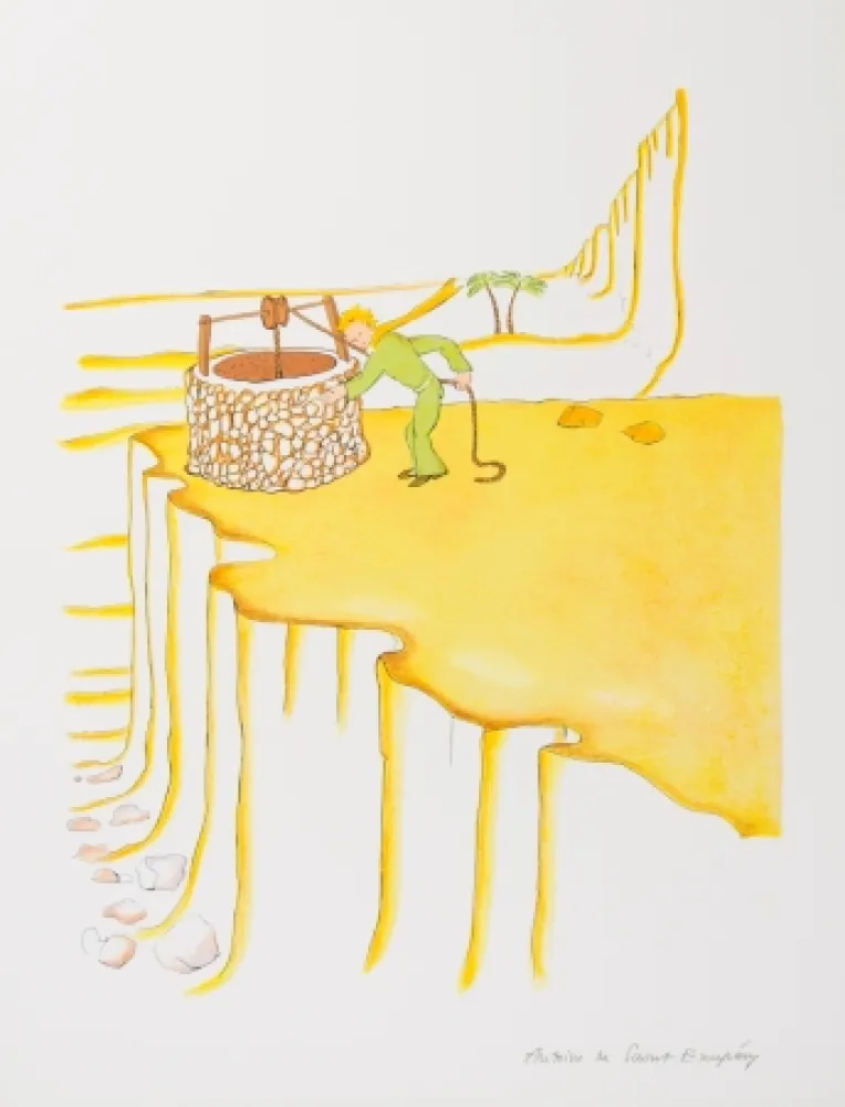 リトグラフ Saint-Exupéry - Le Petit Prince et le puit dans le désert