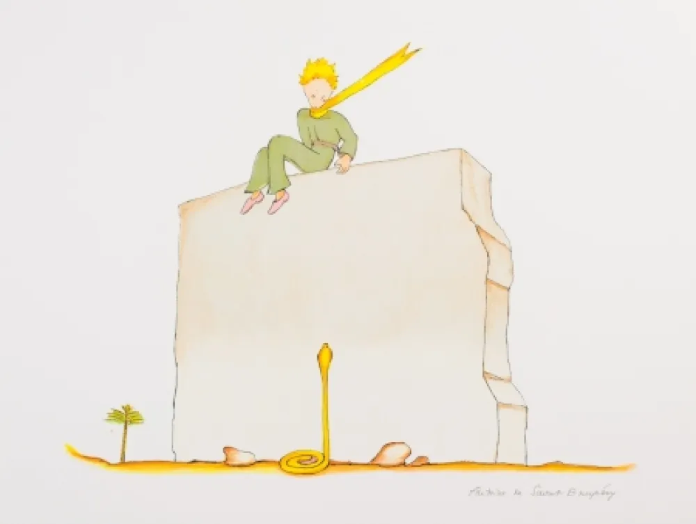 リトグラフ Saint-Exupéry - Le Petit Prince et le serpent au pied du mur