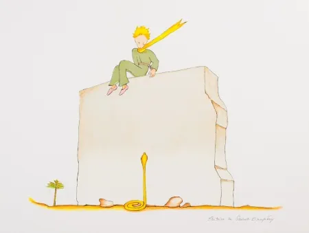 リトグラフ Saint-Exupéry - Le Petit Prince et le serpent au pied du mur