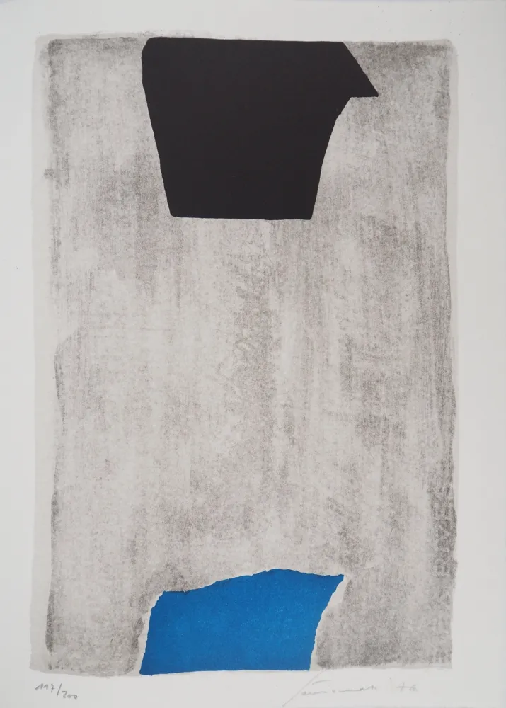 リトグラフ Santomaso - Composition en Bleu et Noir 