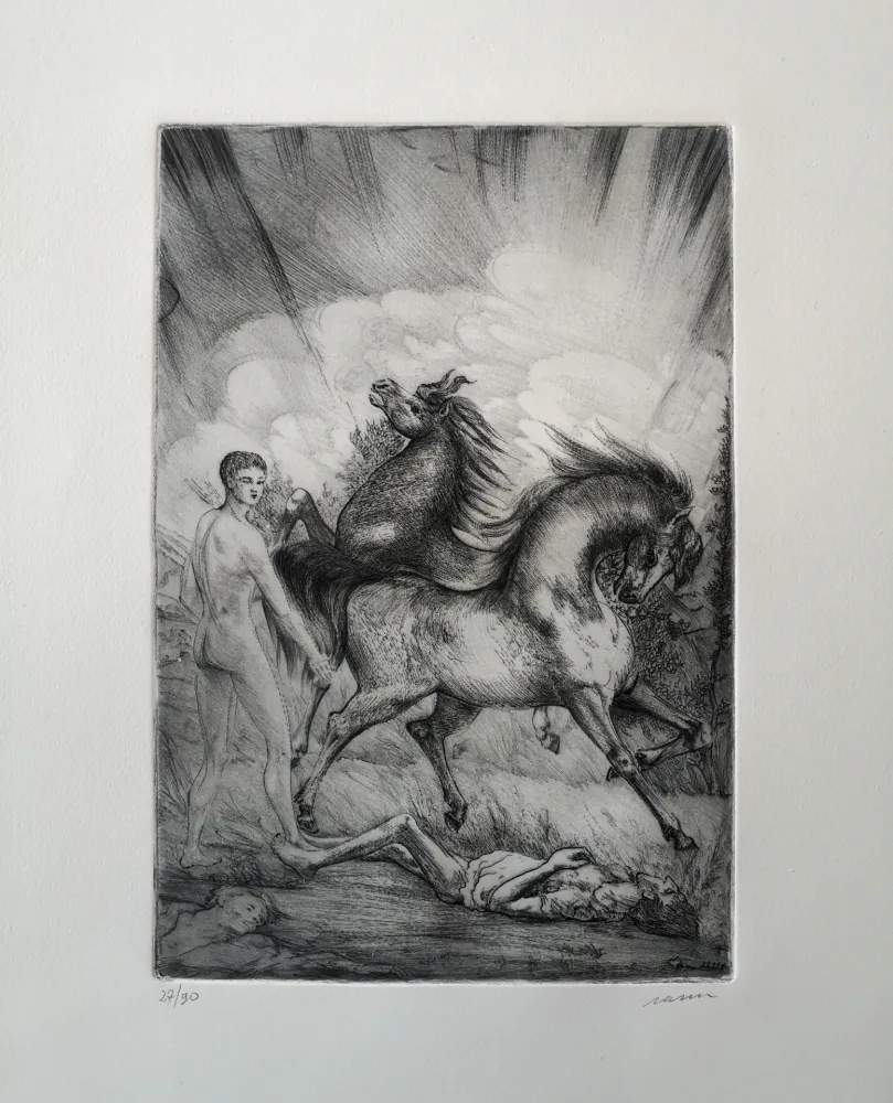 エッチング Sassu - Le cavalle ucraine sconvolgono la terra senza pietà.