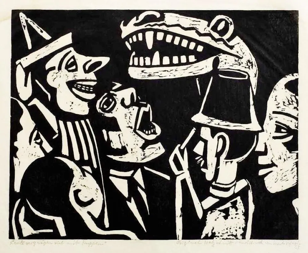 木版 Scheele - Leute vergnügen sich mit Puppen (People having fun with puppets)