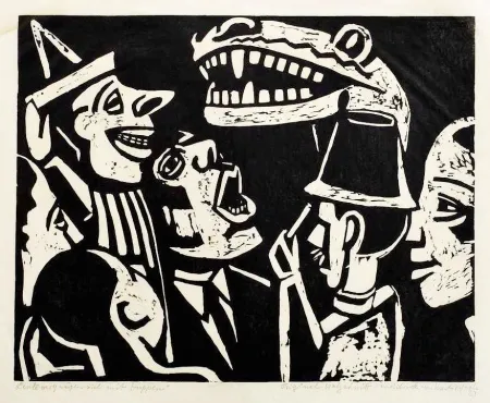 木版 Scheele - Leute vergnügen sich mit Puppen (People having fun with puppets)