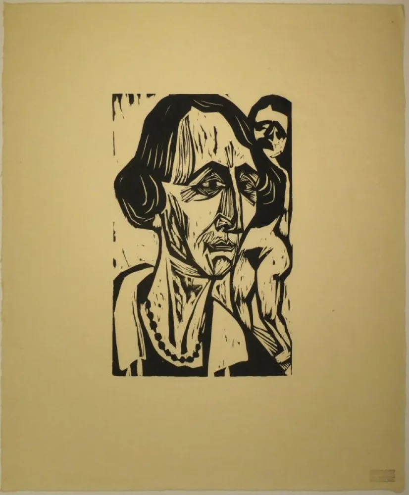 木版 Scherer - Frauenkopf mit Akt