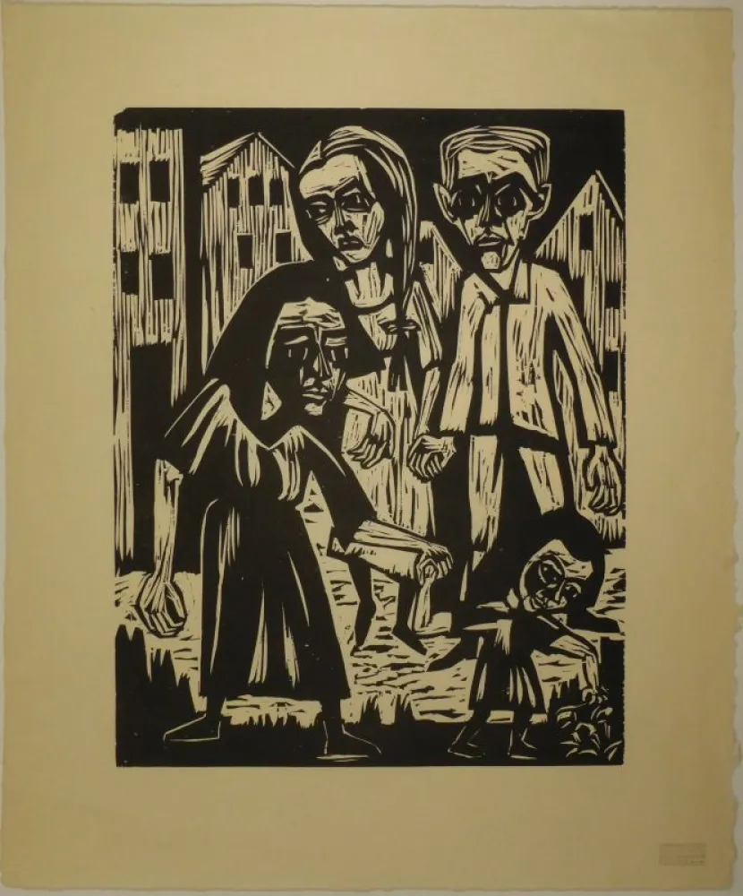 木版 Scherer - Vier Figuren vor Häusern