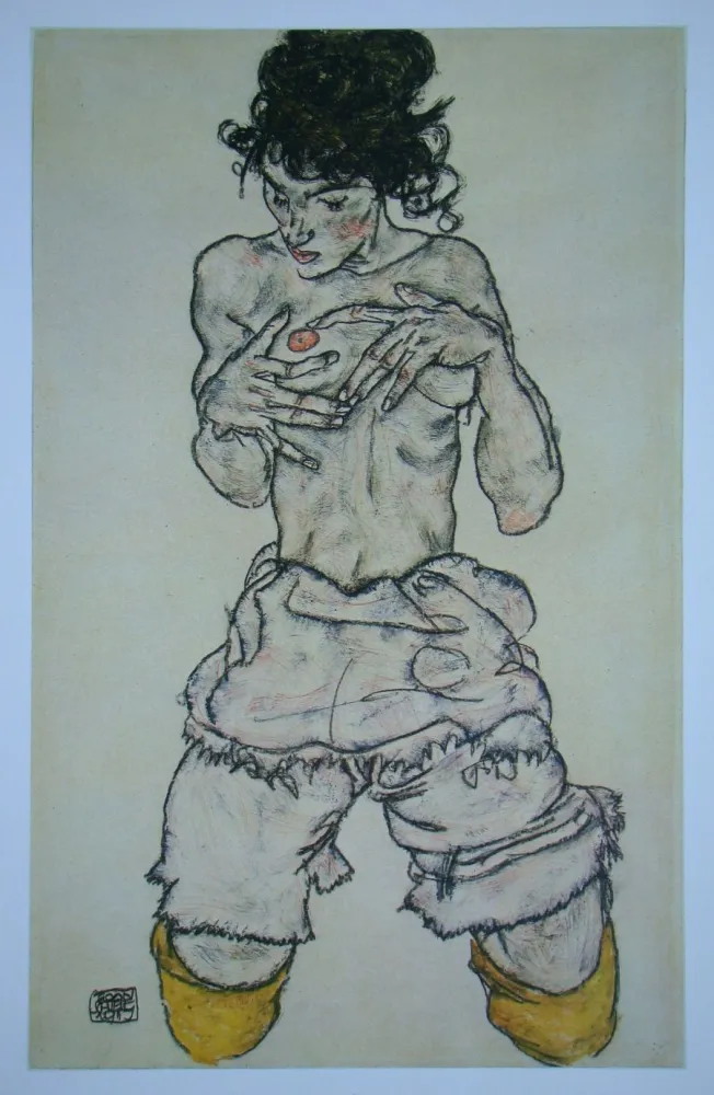 オフセット Schiele (After) - Halbnackte kniende Frau