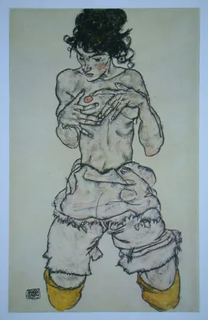 オフセット Schiele (After) - Halbnackte kniende Frau