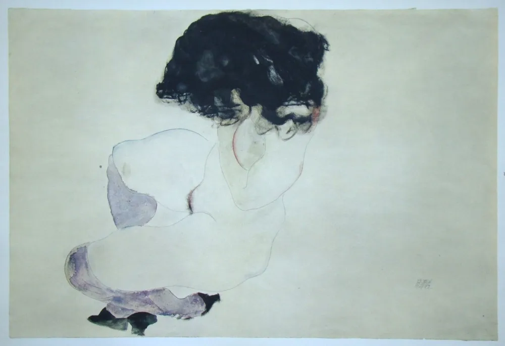シルクスクリーン Schiele (After) - Weiblicher Akt mit violetten Strümpfen