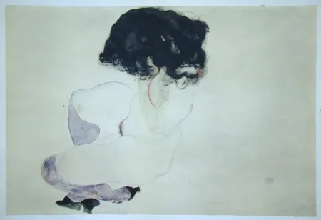 シルクスクリーン Schiele (After) - Weiblicher Akt mit violetten Strümpfen