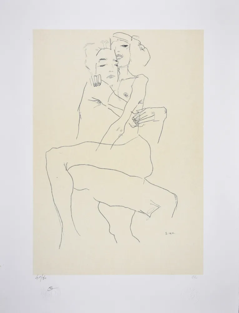 リトグラフ Schiele - Couple enlacé / couple embracing - 1911