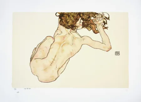 リトグラフ Schiele - La femme aux cheveux roux, 1917 I The woman with red hair, 1917 (Kauernder Rückenakt / Crouching Nude, Back View)