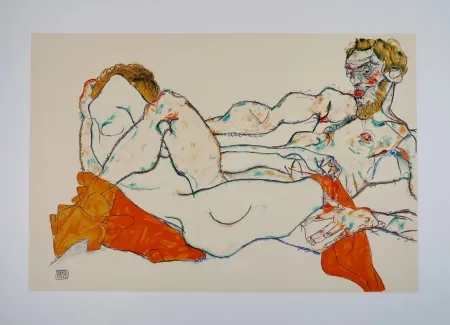 リトグラフ Schiele - LE DRAP ROUGE / THE RED SHEET - 1913