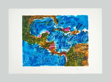 シルクスクリーン Schifano - Cartina Caraibi