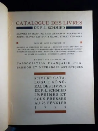 挿絵入り本 Schmied - Francois-Louis Schmied: Peintre, Graveur et Imprimeur. Catalogue des livres de F.-L. Schmied exposés en mars 1927.suivi du catalogue général des livres de F.-L. Schmied imprimés et sous presses au 28 février 1927