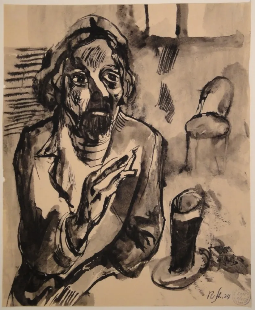 技術的なありません Schürch - Männliches Porträt (Selbstporträt) mit Glas und Stuhl