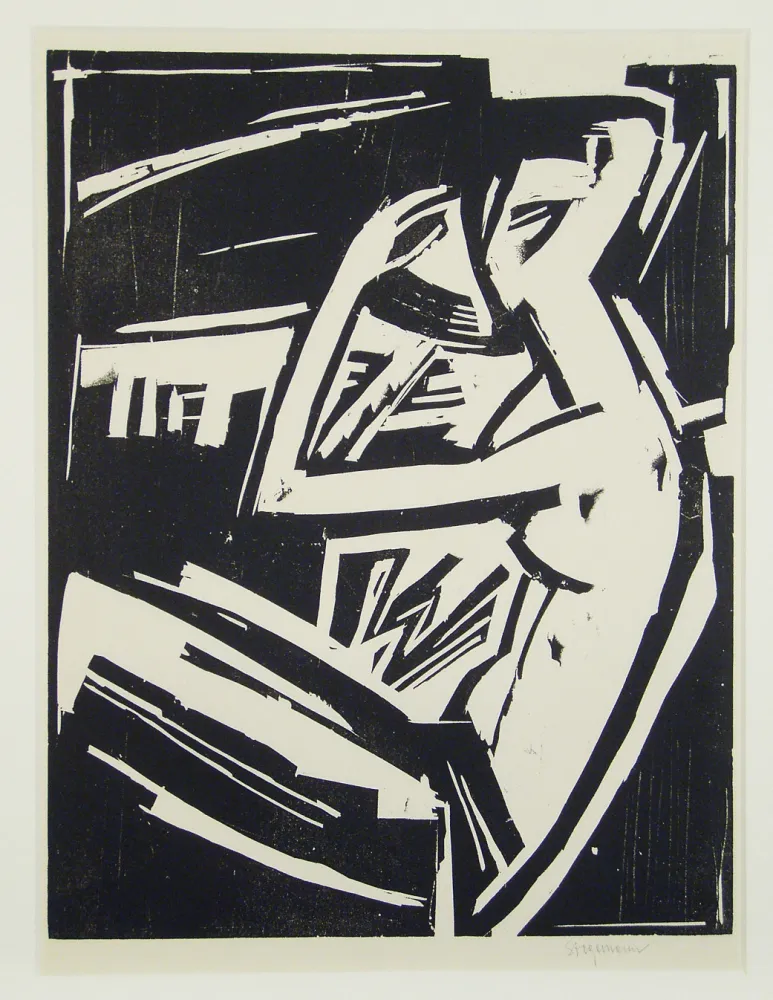 木版 Stegemann - Nackte Frau sich kämmend (Naked woman combing her hair)