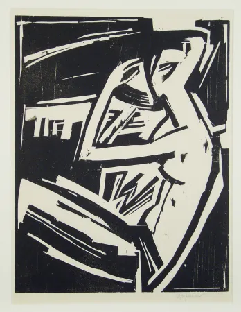 木版 Stegemann - Nackte Frau sich kämmend (Naked woman combing her hair)