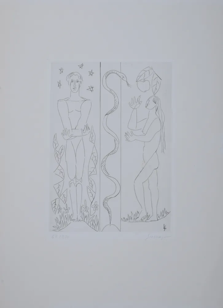 彫版 Survage - Jardin d'Eden : Adam et Eve, vers 1930 - Hand-signed