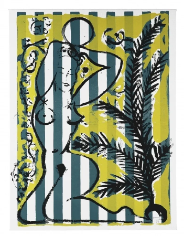 シルクスクリーン Szczesny - Nude with Palms on Green Stripes