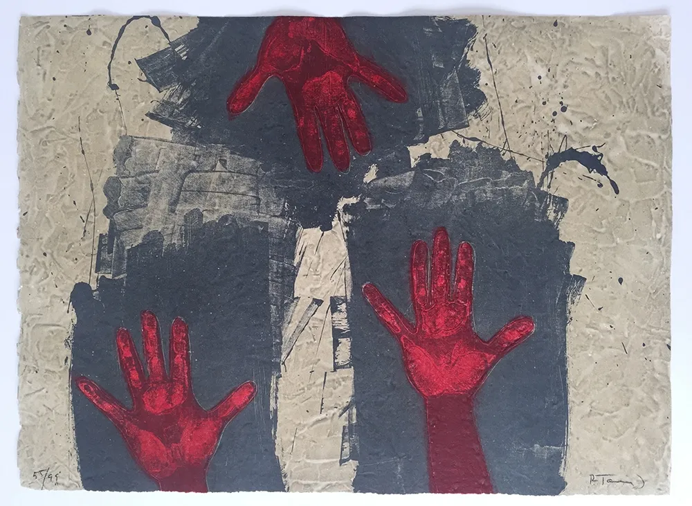 彫版 Tamayo - Manos Sobre Fondo Azul