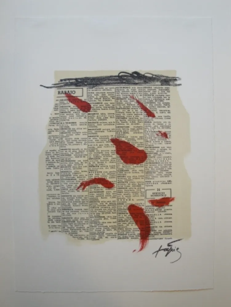 リトグラフ Tàpies - Rouge sur papier journal