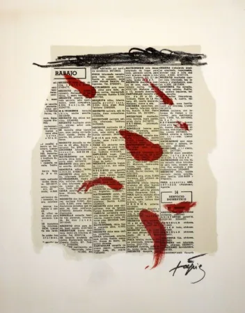 リトグラフ Tàpies - Rouge sur papier journal