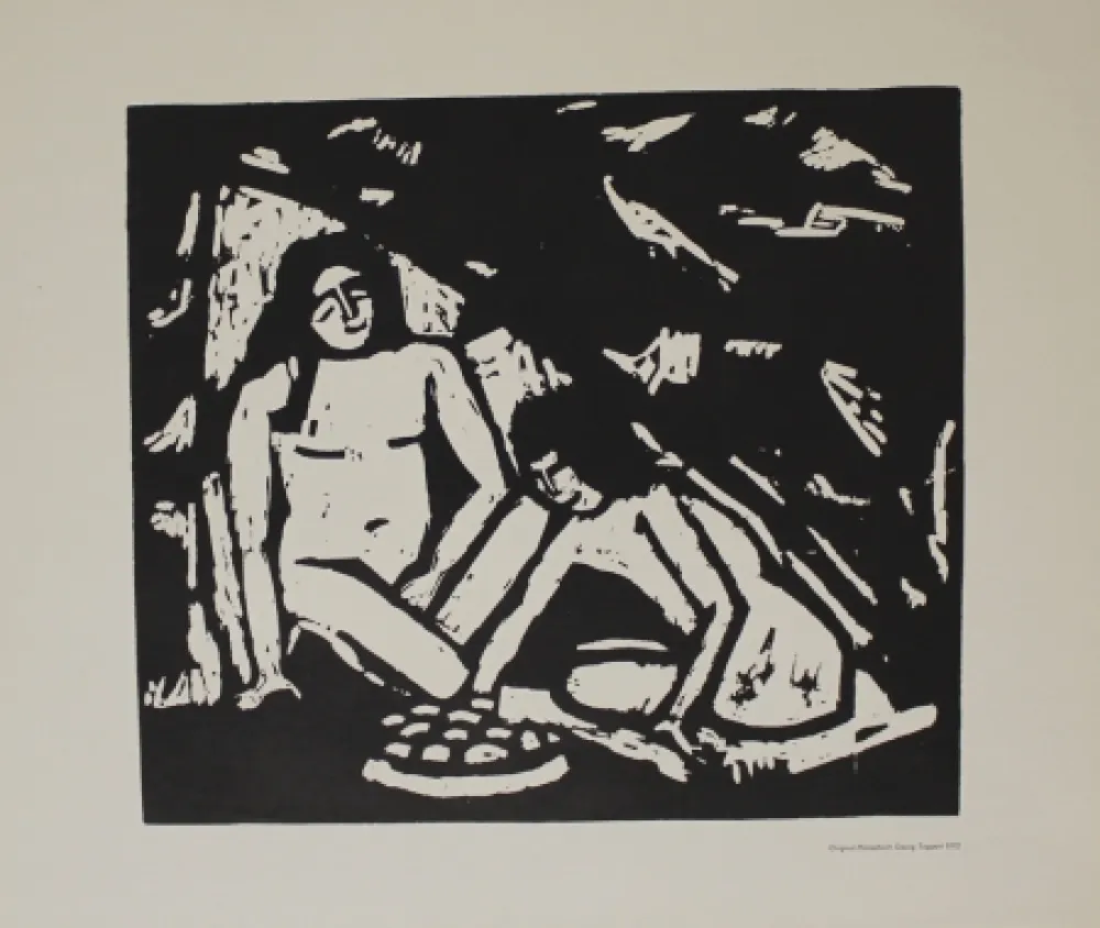 木版 Tappert - Zwei sitzende Mädchenakte