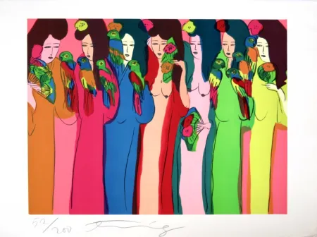 シルクスクリーン Ting - Geishas aux perroquets