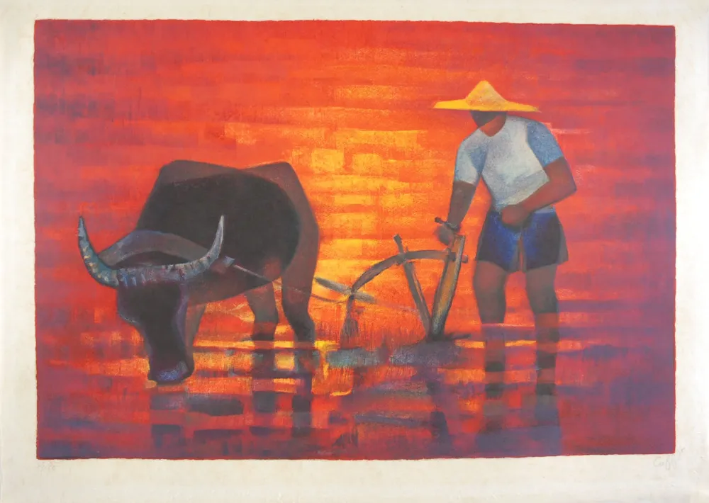 リトグラフ Toffoli - Labourage (Paysan tonquinois)